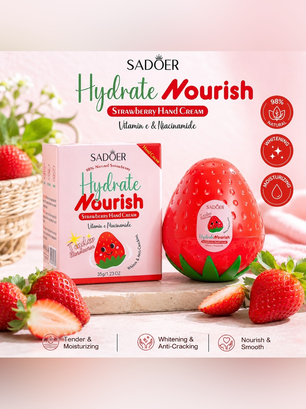 SADOER Hydrate Nourish Strawberry Hand Cream – 98% Natural Strawberry 🍓